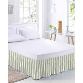 RisQiten Sage Green Striped Bed Skirt King Size 18 Inch Drop, Farmhouse Adjustable Elastic Bedskirt Dust Ruffle for King Size Bed, Sage Green White Stripes Wrap Around Bed Skirts Bed Frame Cover