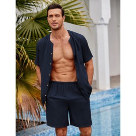 Ekouaer Men's Pajamas 2 Piece Lounge Sets Button Down Shorts Set Outfits Tracksuits with Pockets, Navy Blue, S