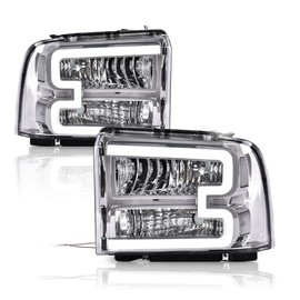 PIT66 LED Headlights, Compatible with 2005-2007 Ford F250 F350 F450 F550 Super Duty/ 2005 Ford Excursion,(Not Fit Sealed Beam Headlight model) Clear Lens Chrome Housing Clear Reflector