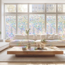 Window Privacy Film Rainbow Window Clings 3D Decorative Stained Glass Window Film Vinyl Anti UV Static Cling Film Non-Adhesive Window Covering Film (17.5'' x 78.7'')
