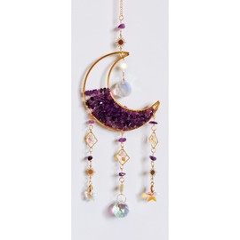 Kawlxpp Handmade Crystal Decor Hanging Moon Suncatcher with Glass Prisms for Window Making Rainbows Indoor (Purple)
