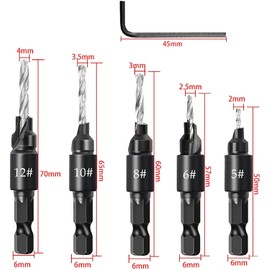 Bephee 5Pcs Quick Change HSS Wood Countersink Drill Set 1/4"Hex Shank Screws #5,6,8,10,12