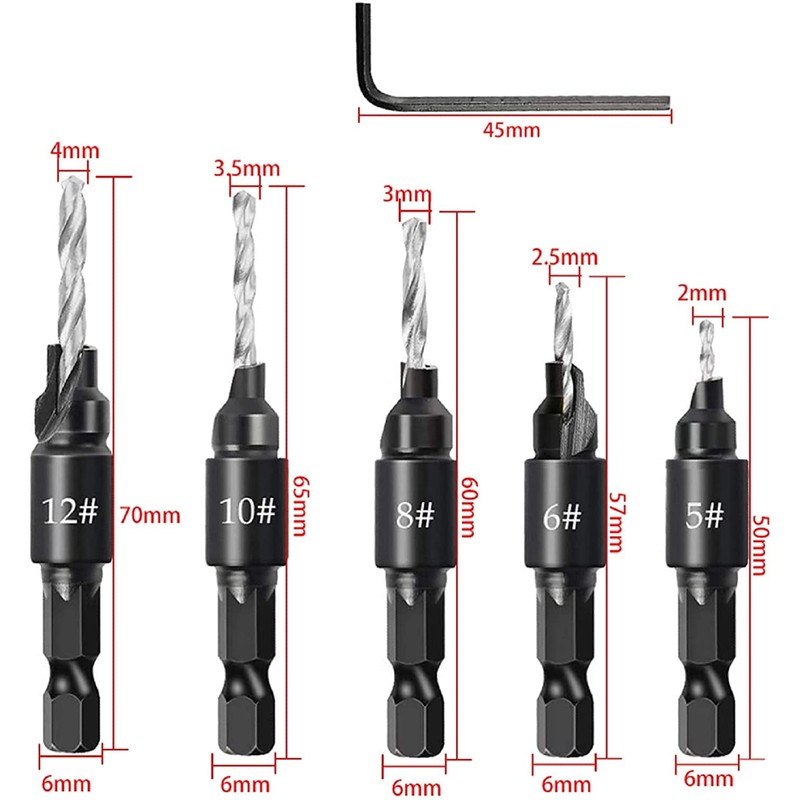 Bephee 5Pcs Quick Change HSS Wood Countersink Drill Set 1/4"Hex