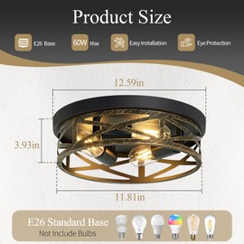 SKEJAO Flush Mount Ceiling Light Fixture,13 inch Rustic Metal Black 3-Light Hallway Light Fixtures Ceiling,Vintage Light Fixtures Ceiling Mount for Farmhouse,Kitchen,Hall (2 Pack)