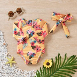 Newborn Infant Baby Girls Floral One Piece Long Sleeve Swimsuit Yellow Bathing Suit Swimwear Beach Wear NB