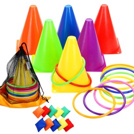 Win SPORTS 3 in 1 Carnival Outdoor Games Combo Set, Soft Plastic Cones Cornhole Bean Bags Ring Toss Games,for Kids Adults Indoor Outdoor Birthday Party Lawn Games Supplies (26 Pieces