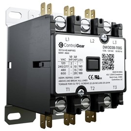 3 Pole Definite Purpose Contactor 120V Coil, 30 Amp Definite Purpose, UL Recognized and Approved for use with A2L Refrigerants, Line Lugs, Load Screws, ControlGear DW303B-11 (3P 30A 120V Coil)