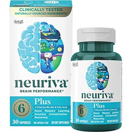 Suplemento cerebral de acción rápida - NEURIVA Plus (30 unidades en una botella), Plus B6, B12 y ácido fólico, soporta 6 indicadores de rendimiento cerebral: enfoque, memoria, aprendizaje, precisión, concentración (paquete de 3)