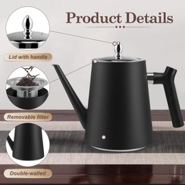 Stainless Steel Teapot with Strainer Insert, 1.5 L Black Teapot with Heat Resistant Handle for Fruit Herbs and Infusion Tea, Double-Walled Insulated Stainless Steel Teapot for Tea Coffee