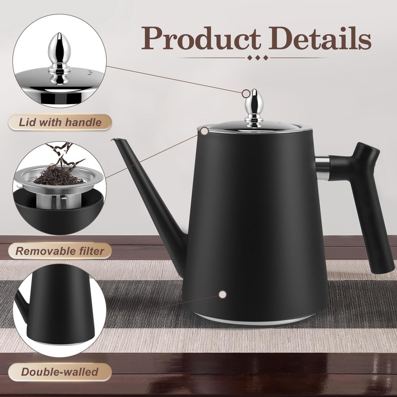 Stainless Steel Teapot with Strainer Insert, 1.5 L Black Teapot