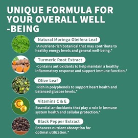 Gotas líquidas de moringa, suplementos de moringa pura con cúrcuma, hoja de olivo, pimienta negra, vitaminas C y E para obtener energía, favorece el s