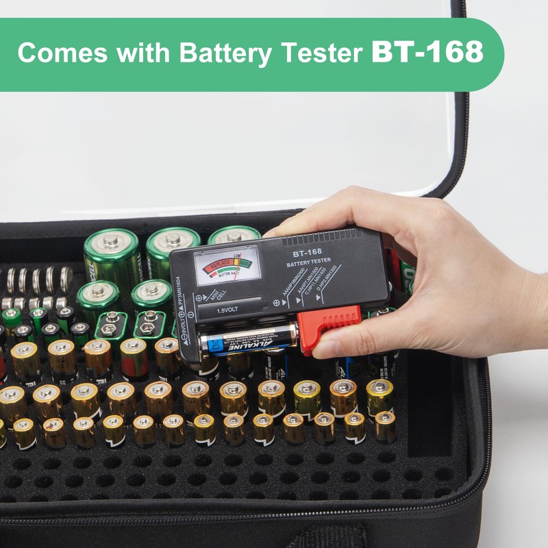 Battery Organizer Storage Case with Tester, Hardshell Portable Checker Carrying