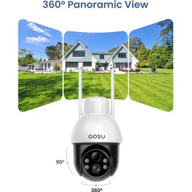 AOSU Solar Security Camera Wireless Outdoor with Panoramic PTZ, Human Auto Tracking, 2K Night Vision, Light and Sound Alarm, 2-Way Audio, Compatible with Alexa/Google Assistant