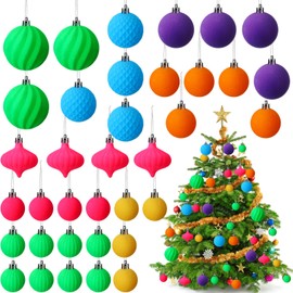 Soulchen Neon 36 Pcs Velvet Christmas Ornaments Set Colorful Flocked Christmas Ball Tree Ornaments Assorted Shatterproof Hanging Baubles Decorations for Xmas Party Holiday Decor