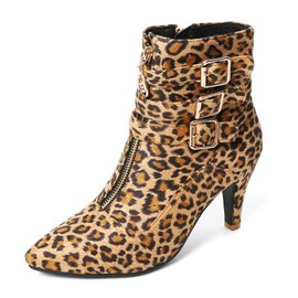 MEOTINA Leopard Boots for Women Kitten Heel Pointed Toe Ankle Booties Buckle High Heeled Short Animal Print Boot