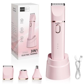 Trimmer for Women: 3 in 1 Gentle Painless Electric Razor for Women,120min Cordless Runtime,USB Charge Dock,IPX7 Waterproof Wet & Dry Use Portable Facial Razor with Ceramic Blade Travel Grooming Kit