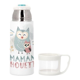 Stainless Steel Thermos Flask with Integrated Cup - Mum Owl and Her Baby Drawing - 350ml - Thermos Flask