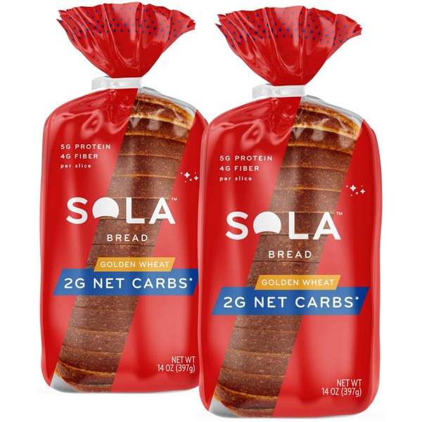 Sola Golden Wheat Bread – Low Carb, Low Calorie, Reduced Sugar, Plant Based, 5g of Protein & 4g of Fiber Per Slice – 14 OZ Loaf of Sandwich Bread (Pack of 2)