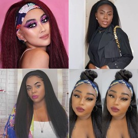Mairead Kinky Straight Headband Wig 24 Inches Long Yaki Headband Wigs for Black Women Glueless None Lace Wig with Headband Attached Synthetic Headband Wig for Cosplay Party Costume Daily Use, 1B/30