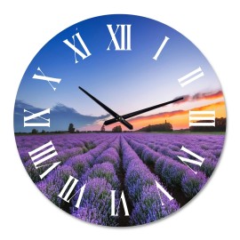 Designart 'Sunrise & Dramatic Clouds Over Lavender Field I' Farmhouse wall clock - 36 in. high, 36 In. Wide