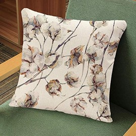 YGGQF Decorative Throw Pillow Covers White Painting Watercolor Vintage with Twigs and Cotton Flowers Botanical Summer Plant Agriculture Decorative Pillow Case for Couch Sofa Bed Chair 18x18 Inch