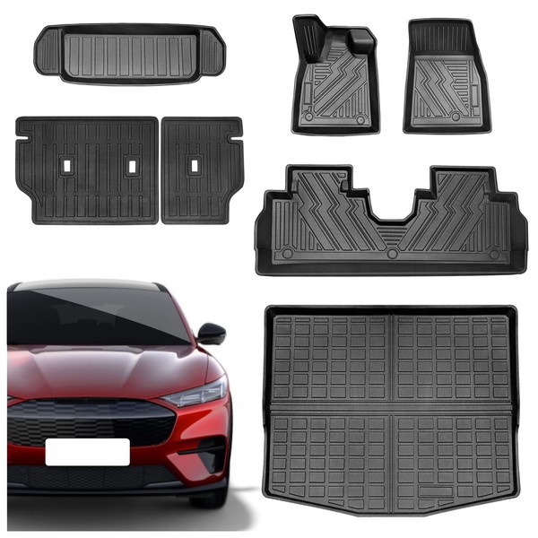 Vanseno All-Weather Rubber Mats Compatible for 2023 2022 2021 Ford Mustang Mach-E Floor Mat Front Rear Cargo Liners and Seat Backrest Cover Mat Full Set.Waterproof Anti-Slip Black Mat.