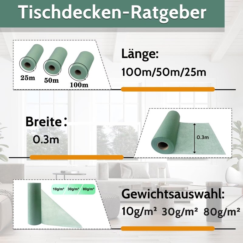 Table Runner, 0.3 x 50 m, Eucalyptus Green, Disposable Non-Woven