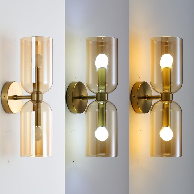 EFINEHOME Minimalist 2-Light Gold Wall Sconces with Cylinder Glass Shades-