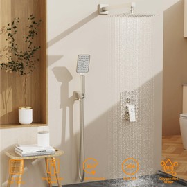 JQBQS Shower System 10IN Modern Rain Brass Faucet Set With Valve and Diverter Shower Mixer With Handheld High Pressure Square Rainfall Shower Valve (10'' Wall Mount, Brushed Nickel)