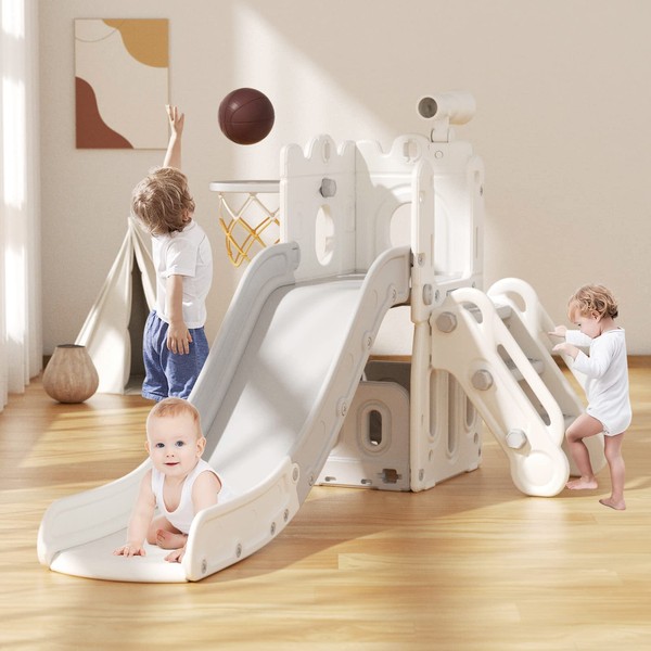XJD 5 in 1 Toddler Slide, Climber Slide for Toddlers Age 1-3, Outdoor Indoor Playset for Toddlers with Basketball Hoop and Ball, Storage Space and Non-Slip Steps Telescope (White-Glay)
