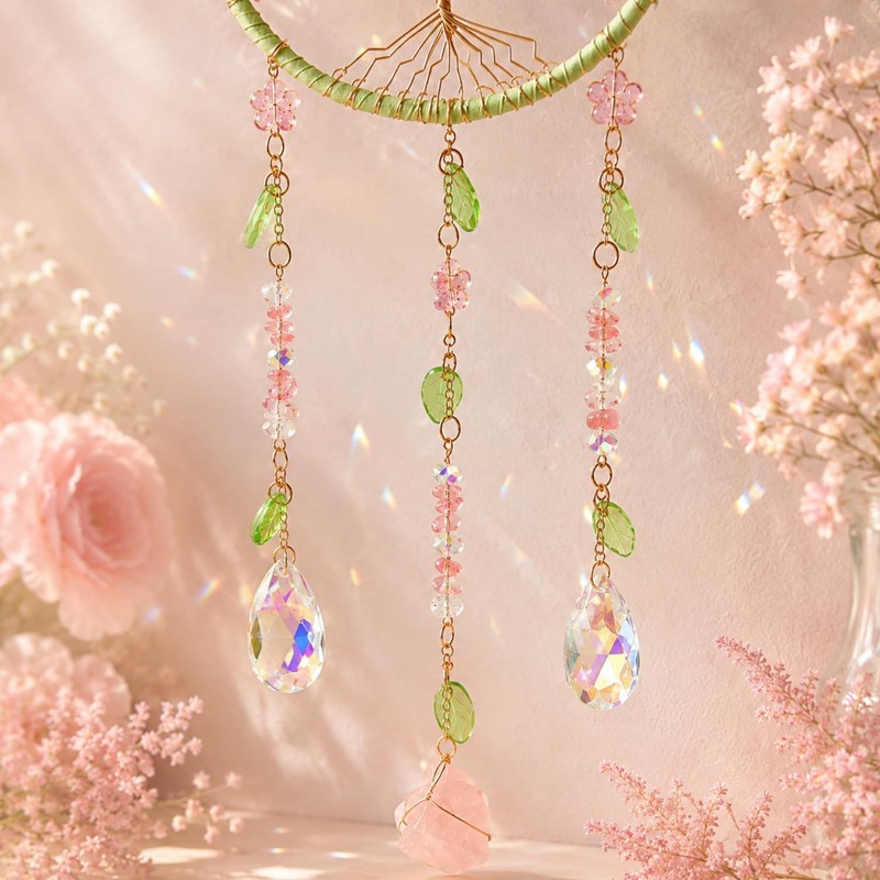 Tree of Life Crystal Suncatcher with Rose Quartz, Crystal Decor