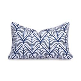 Hofdeco Premium Coastal Patio Indoor Outdoor Lumbar Pillow Cover Only, 12"x20" Water Repellent for Backyard, Couch, Navy Blue Print Geometric Leafs