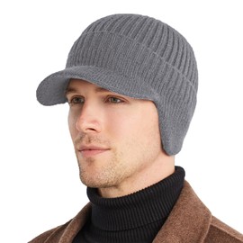 Epsoco Winter Hats for Men with Ear Flaps Thick Knit Fleece Lined Fishing Beanie Hat with Visor Brim Outdoor Warmer Hunting Baseball Caps Grey