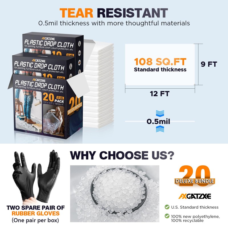 Axgatoxe 12 x 9 Ft Plastic Drop Cloths for Painting