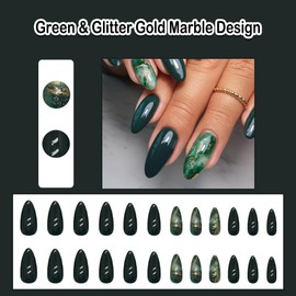 ANDGING Green Press on Nails Almond Short Medium Marble Glue on Nails with Glitter Gold Design Fake Nails for Wedding Birthday Gel Acrylic False Nails Women Manicure Stick on Nail with Glue DLS886U