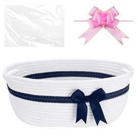 Small Woven Basket with Gift Bags and Ribbons, Empty Decorative Gift Chest Box, Cute Baby Gift Basket for Nursery, Woven Rope Hamper Baby Toy Basket Storage with Handles, 13.5"X 8.5" X 5.5", White