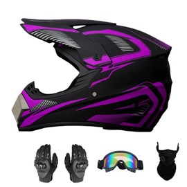 Senhill Youth ATV Dirt Bike Helmet Motocross Helmet Full Face Motorcycle Helmet with Gloves Goggles Mask for Unisex Adult DOT/FMVSS 218 Approved (Large, Purple)
