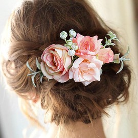 Fangsen Wedding Boho Pink Rose Babysbreath and Eucalyptus globulus Flower Hair Comb Bridal Headpiece Floral Hair Accessories for Brides and Bridesmaids Silver (Pink)