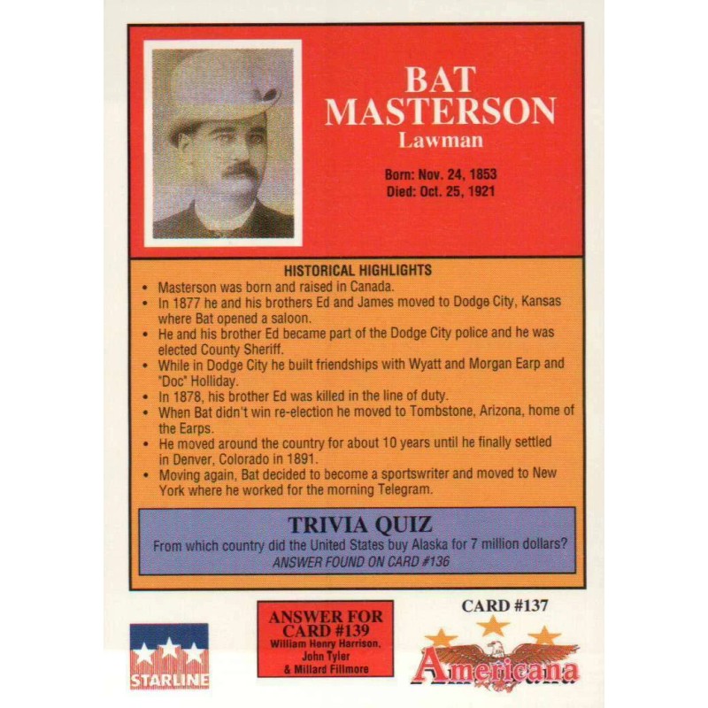 BAT MASTERSON, 'U.S. ARMY SCOUT & LAWMAN' #137 --- 1992