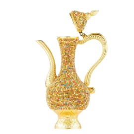 Steel Water Bottle Pitcher with Zirconia Stones | Handmade Metal Carafe Water Tea Coffee Jug Vintage Bottle | Turkish Ottoman Zamzam Pitchers (470 ML/16 Oz, Colorfull Stone, Gold Color)