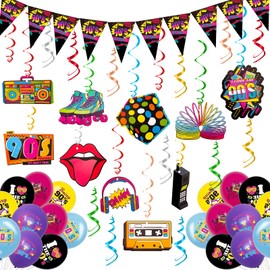 67 pezzi a tema '90, decorazioni per feste di compleanno, anni '90, bandierine, striscioni anni '90, stelle filanti, compleanni, decorazioni per anni '90, palloncini decorativi colorati (decorazioni
