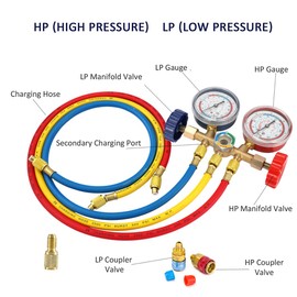 LEIMO KPARTS 5FT AC Diagnostic Manifold Freon Gauge Set for R134A R12, R22, R502 Refrigerants - 60" 1/4" Standard Hoses with Couplers and Acme Adapter