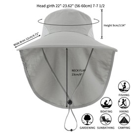 Magracy Men Women Outdoor Sun Hat Neck Flap Wide Brim Mesh UV Protection Hat Fishing Hats, lightgrey