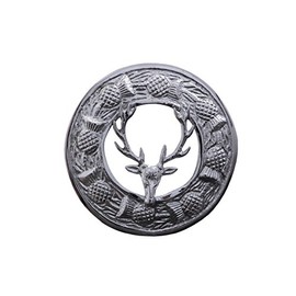 SHYNE KILT FLY PLAID BROOCH LARGE STAG HEAD AND SCROLLING THISTLE BORDER