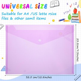 MotiMind 100 Pcs Clear Envelopes with Snap Button Closure Bulk A4 Letter Size Clear Plastic Envelope Folder Document Organizer File Folders for Office Home (Purple)