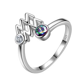 Aurora Tears Aquarius Ring Zodiac Adjustable Rings 925 Sterling Sliver Mystic Rainbow Topaz Constellation Open Ring Horoscope Jewellery Gift for Women and Girls DR0087P