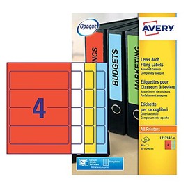 Avery L7171A-20 Printable, Customisable Assorted Colours Lever Arch File Labels, 4 Labels Per A4 Sheet, 80 Labels Per Pack