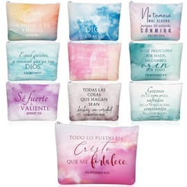 Huhumy 10Pcs Christian Gifts for Women Religious Cosmetic Bags Inspirational Bible Verse Pencil Pouch Canvas Makeup Bags Bulk with Zipper for Mother Sister Church Favors(Watercolor,Spanish)