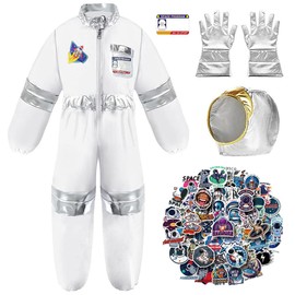 KUWUNG Astronaut Costume Kids, 5-6 Years Space Costume Kids with Jumpsuit, Gloves, Space Helmet, Name Card and Astronaut Stickers, Children Space Suit, Spaceman Jumpsuit Pretend Role Play Dress Up
