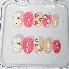 Cherry Rabbit Handmade Nail Tips - Long Stiletto / 체리 토끼 수제네일팁 - 롱 스틸레토
